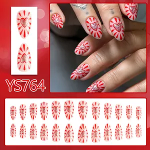 Long almond press-on nails with red glitter heart and ray patterns, 24 piece set