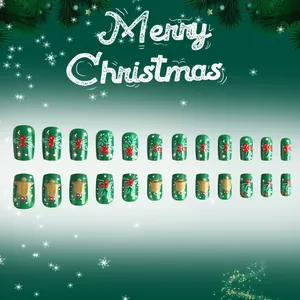 Faux ongles de Noël verts avec grelots 3D et baies de houx en relief, lot de 24 pièces