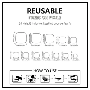 Size chart showing 12 sizes for 24pcs French press-on toenails in cm and inches