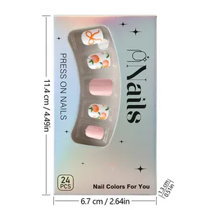 Detailed view of 24pcs pink peach press on nails set with laser packaging box