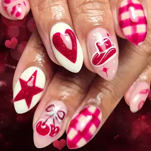 Sweet Pink Heart Cherry Pattern Almond Press On Nails Glossy Long Waterdrop Fake Nails For Women Valentine Day Beauty