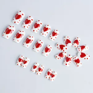 Glossy white square press-on nails with red heart and polka dot patterns, 24 pieces set