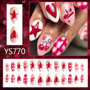 Pink almond press-on nails with cherry and heart designs, 24pcs almond false nail set