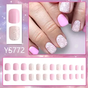 Short square glossy pink press-on nails set with sweet flower and polka dot patterns