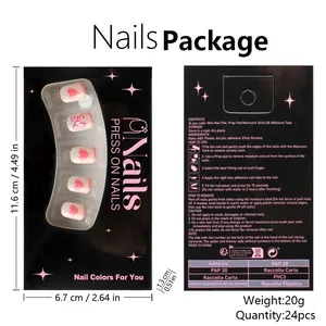 Short square press-on nail kit packaging with 24 pink nails featuring bows and hearts