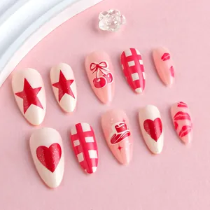 Pink almond press-on nails with cherry, heart, and checkered patterns, 10-piece set