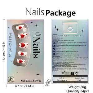 Press-on nail kit with 24 red heart square nails, file, glue, and size 11.4x6.7x1.3cm