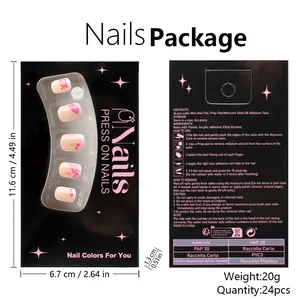 Detail view of pink heart press-on nail kit with 24 pieces and complete application tools