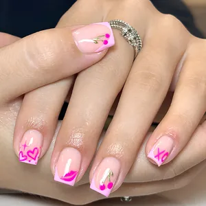 Sweet Pink Heart Cherry French Square Press On Nails Glossy Reusable False Nails For Women Valentine Day Jewelry Gift