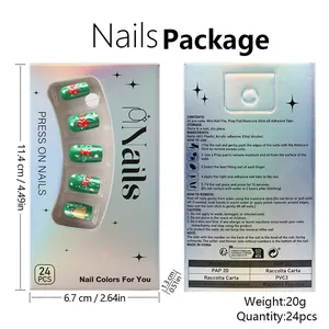 Vue détaillée des dimensions et du coffret de faux ongles verts de Noël avec motifs