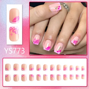 Pink press-on nails set with cherry and heart designs, short square glossy finish nails