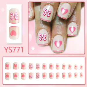 Short glossy square press-on nails with 3D bows, hearts, and French tip designs
