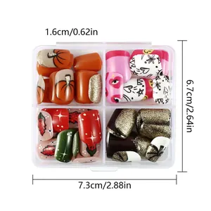 Top view of 96pcs Halloween press-on nails set with varied patterns in a clear 4-grid box