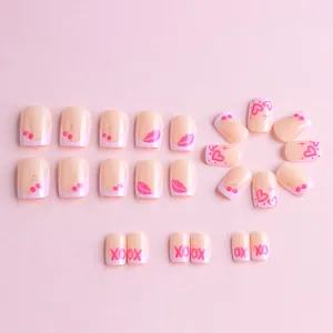 Glossy short square press-on nails with pink heart, cherry, and XOXO patterns 24pcs set