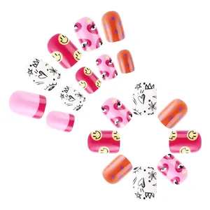 96-piece colorful short glossy press-on nails set with Halloween graffiti and heart patterns