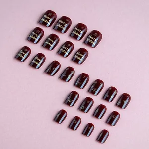Set di 24 unghie finte natalizie bordeaux scuro con fiocchi di neve dorati