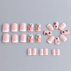 Pink Christmas press-on nails with cartoon gingerbread man and snowflake patterns