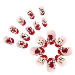 96pcs glossy press-on nails set with red roses, skulls and retro tattoo designs
