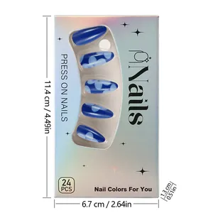 Macro shot of 24pcs blue floral glossy press-on nails in laser holographic packaging