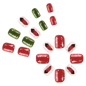 96pcs glossy short square press-on nails with Christmas strawberry themes in red and green