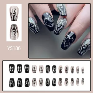 Glossy black press-on nails with silver glitter heart and flame designs, 24pcs coffin set