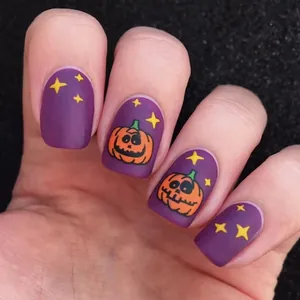 Halloween Matte Purple Press On Nails Cute Pumpkin Star Printed Short Square Fake Nails For Women Girls Festive Nail Art