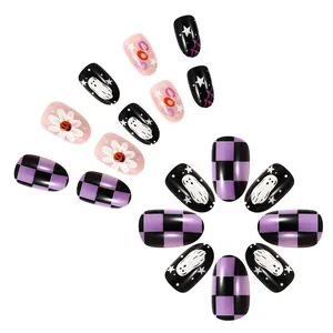 Lot de 96 faux ongles Halloween brillants avec motifs fantômes, citrouilles et boo