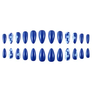 Short glossy blue fake nails with light blue floral patterns in almond shape, 24pcs set