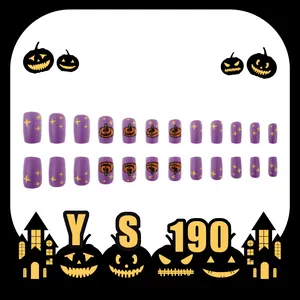Halloween purple matte press-on nails with cute cartoon pumpkin and star patterns