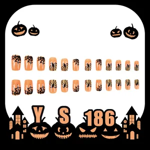 Short square Halloween press-on nails set with orange spider web and gold glitter