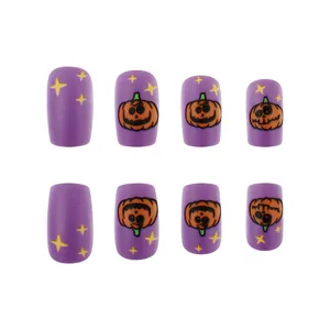 Detail of purple matte Halloween press-on nails with yellow stars and pumpkin patterns
