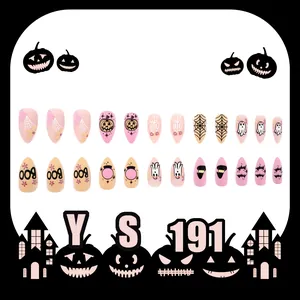Almond Halloween press-on nails with spider webs, ghosts and pumpkin motifs