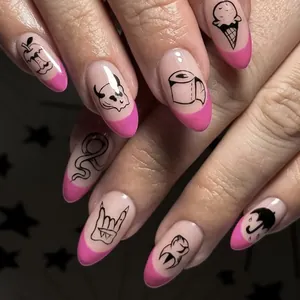 Unghie Finte Halloween French Rosa Gotico Graffiti Neri Teschio Serpente Forma Mandorla Unghie Artificiali Donna