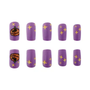 Halloween purple matte press-on nails set with cute pumpkin and yellow stars pattern