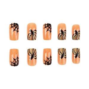 Short glossy spider web and golden glitter pumpkin Halloween press-on nails 24pcs set