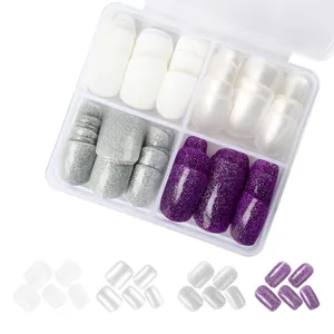 Glitter Press-on Nails Short Square Matte Pearl White Silver Purple Fake Nails With Storage Box For Women Manicure DIY