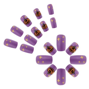 Halloween matte purple false nails featuring cute pumpkin and star patterns, 24 pieces