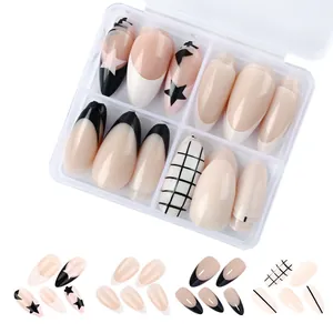 Glossy Short Almond Press On Nails Set Nude Pink French Tip Star Grid Design Fake Nails For Women Manicure Decor With Box