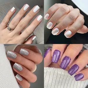 96pcs short square press-on nail kit featuring matte white and glittery sequin finishes
