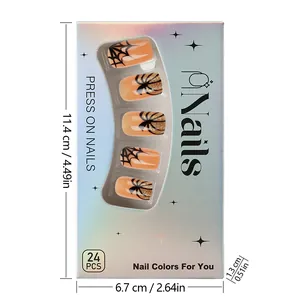 Detailed view of Halloween spider web press-on nails packaging and precise dimensions