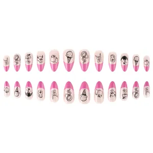 Unghie finte a mandorla rosa con motivi doodle scuri per Halloween 24 pezzi