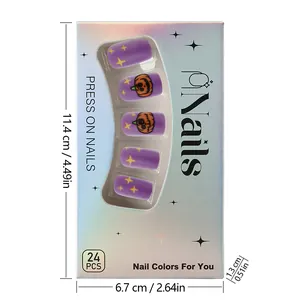 Detailed view of Halloween matte purple press-on nails with pumpkin and star patterns