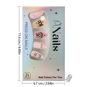 Detailed holographic packaging for Halloween press-on nails with pumpkin and ghost motifs