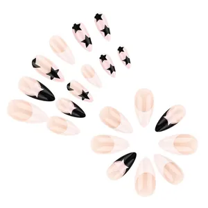 96pcs press-on nails set with pink stiletto star patterns and French tips design