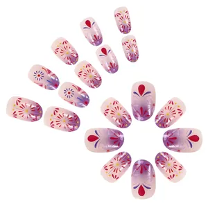 Short French glossy press-on nails with purple floral gradient design and assorted sizes