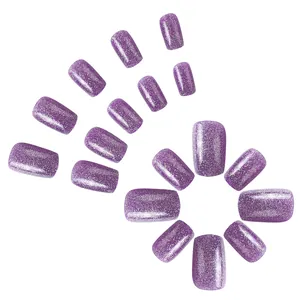 24pcs purple glitter press-on nails set with square oval shape on white background