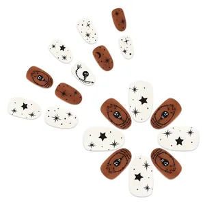 96pcs short matte press-on nails with Halloween skeleton and star patterns