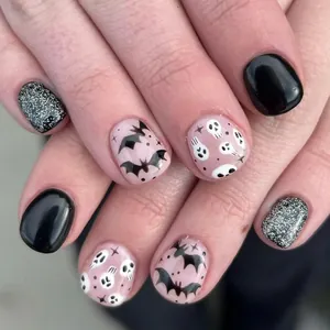 Halloween Short Square Press On Nails Shiny Black Pink Bat Skull Ghost Pattern Glitter False Nails For Women Decoration