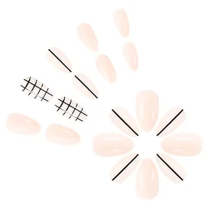 Short almond press-on nails set with nude base, black lines, and grid pattern designs