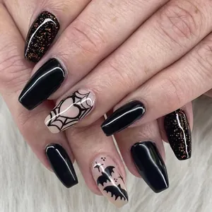 Halloween Unghie Finte a Pressione Forma Bara Lunga Nero Rosa Motivo Ragnatela Pipistrello Glitter Lucido Gotico Oscuro Donna